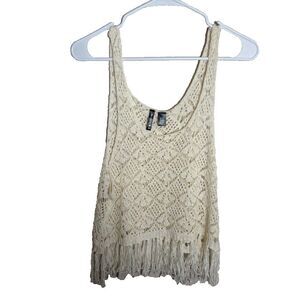 Full Tilt Tank Top Women's XS Ivory Open Knit Sleeveless Fringe Boho Casual